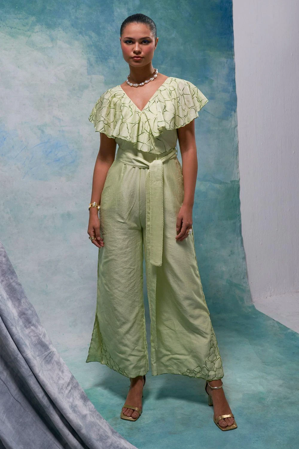 Sakshi Khetterpal Floral Infused Chanderi Frill Jumpsuit 3 Sakshi Khetterpal Floral Infused Chanderi Frill Jumpsuit