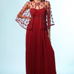 Anjali Kanwar Maroon Crystal Embellished Cape & Dress