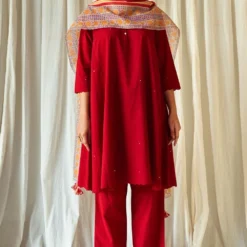 KORA Red Short Kalidar Kurta Set