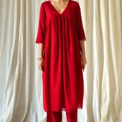 KORA Red Mirror Work Gathered Kurta Set 8 KORA Red Mirror Work Gathered Kurta Set -Textalux Sales 7623ka26 2