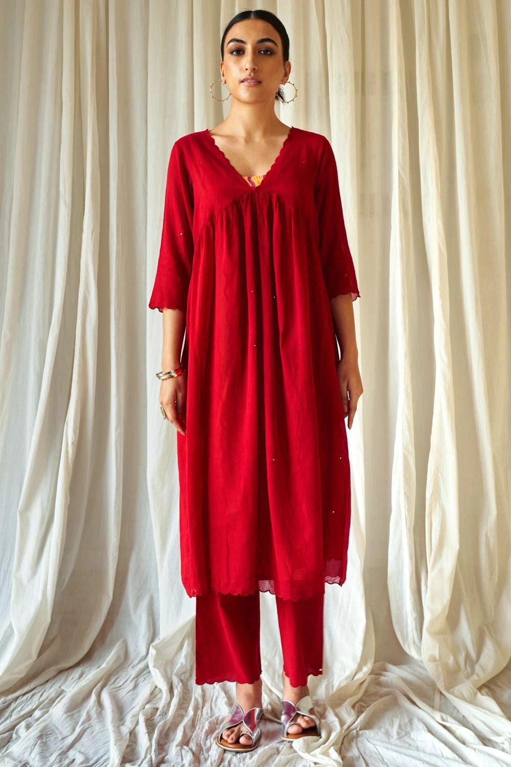 KORA Red Mirror Work Gathered Kurta Set 4 KORA Red Mirror Work Gathered Kurta Set - Image 2