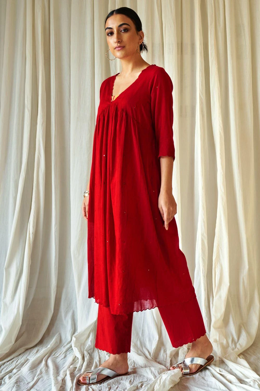 KORA Red Mirror Work Gathered Kurta Set 5 KORA Red Mirror Work Gathered Kurta Set - Image 3