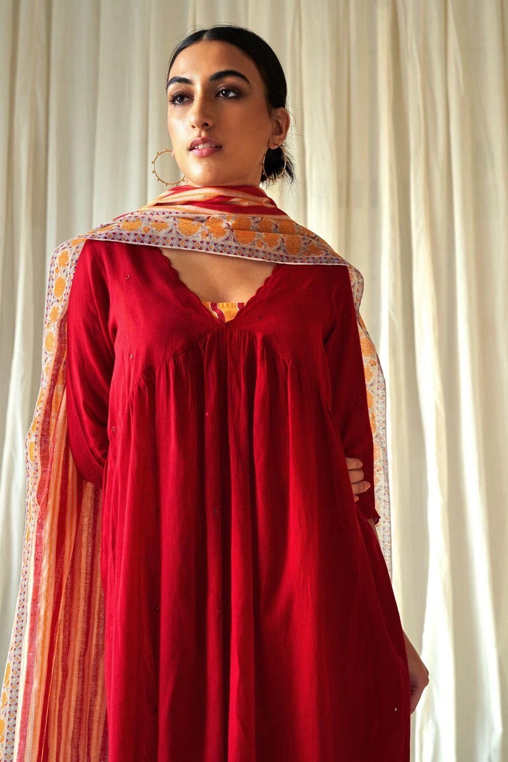 KORA Red Mirror Work Gathered Kurta Set 6 KORA Red Mirror Work Gathered Kurta Set - Image 4