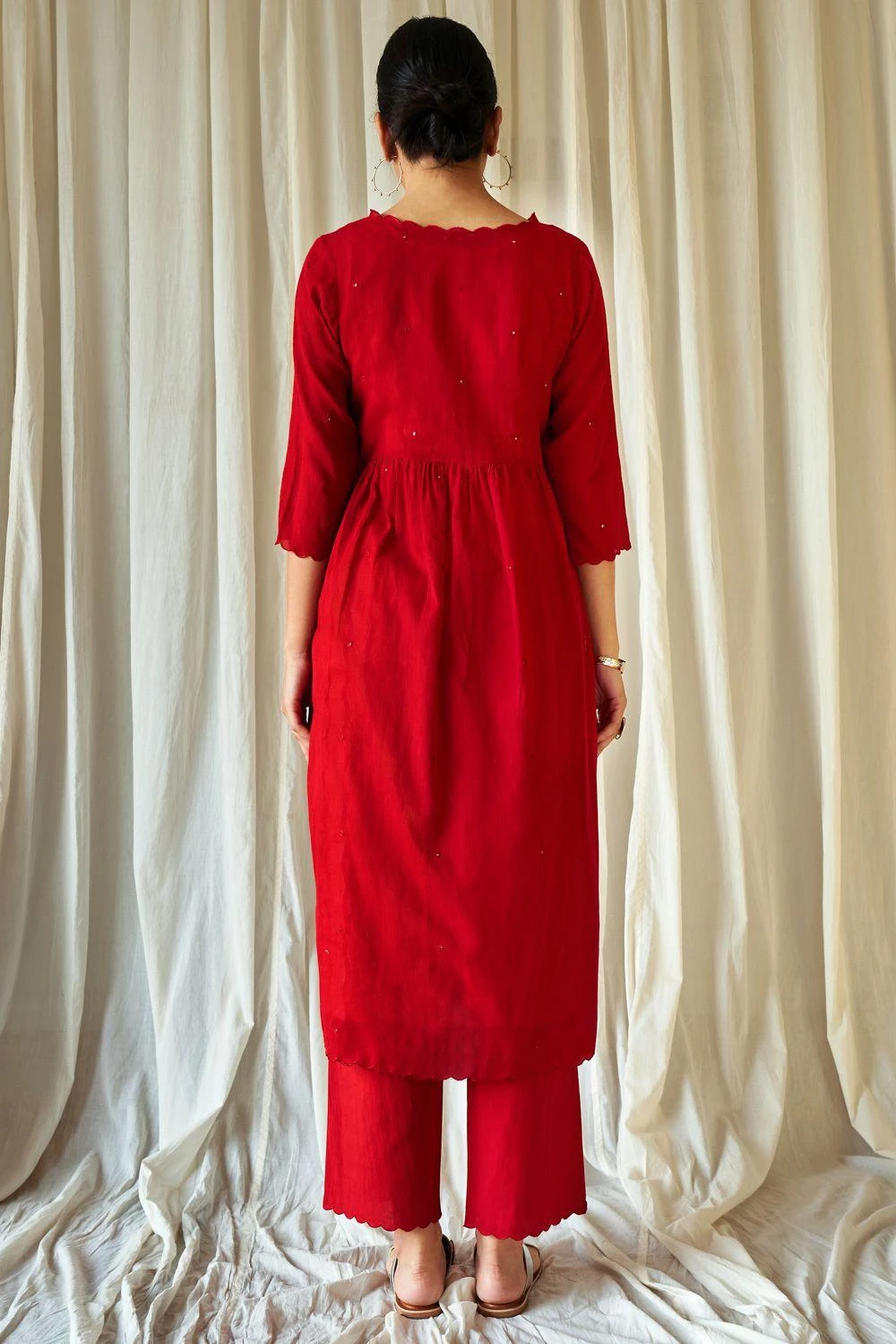 KORA Red Mirror Work Gathered Kurta Set 7 KORA Red Mirror Work Gathered Kurta Set - Image 5