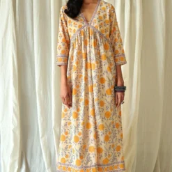KORA Yellow & Beige Floral Kurta Set -Textalux Sales 7623ka6 2