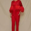 Shriya Som Red Jumpsuit With Feather Capelet -Textalux Sales 912ss22 1