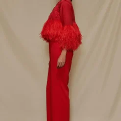 Shriya Som Red Jumpsuit With Feather Capelet -Textalux Sales 912ss22 2