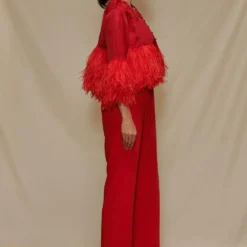 Shriya Som Red Jumpsuit With Feather Capelet -Textalux Sales 912ss22 3