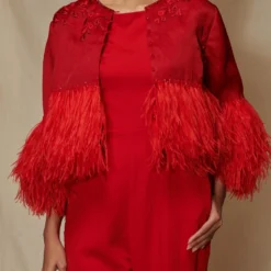 Shriya Som Red Jumpsuit With Feather Capelet -Textalux Sales 912ss22 4