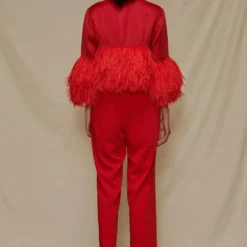 Shriya Som Red Jumpsuit With Feather Capelet -Textalux Sales 912ss22 5