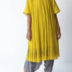Urvashi Kaur Micropleated Yellow Cotton Dress -Textalux Sales apara 65 3
