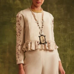 Chandrima Ivory Yoke Pleated Peplum Top