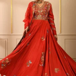 Debyani Red Chanderi Kalidar With A Threadwork Yoke -Textalux Sales dby 62 2