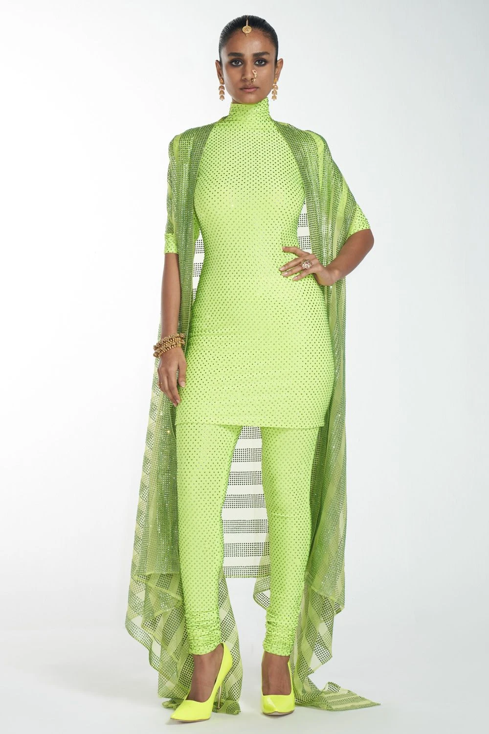 Itrh Neon Green Crystal Kurta Set With Cape 3 Itrh Neon Green Crystal Kurta Set With Cape