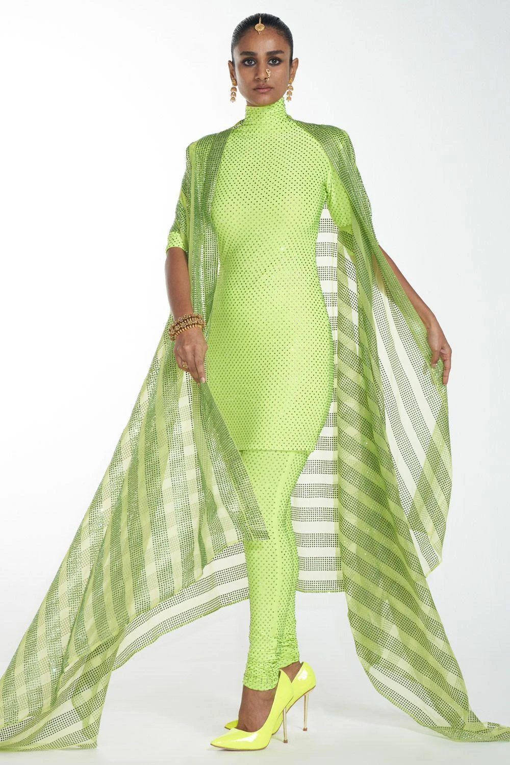 Itrh Neon Green Crystal Kurta Set With Cape 4 Itrh Neon Green Crystal Kurta Set With Cape - Image 2