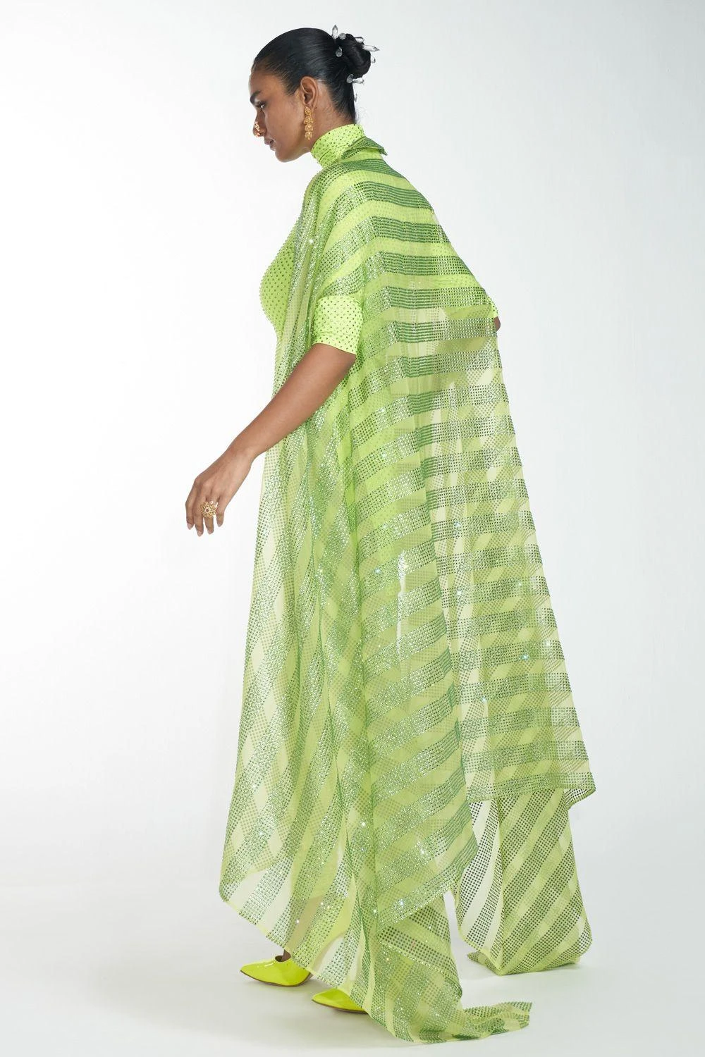 Itrh Neon Green Crystal Kurta Set With Cape 5 Itrh Neon Green Crystal Kurta Set With Cape - Image 3