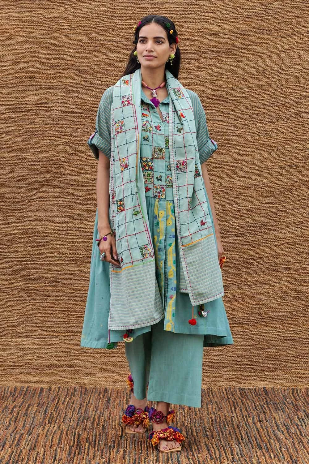 Sunira Designs Blue Long Yoke Jamdani Muslin Dress 3 Sunira Designs Blue Long Yoke Jamdani Muslin Dress