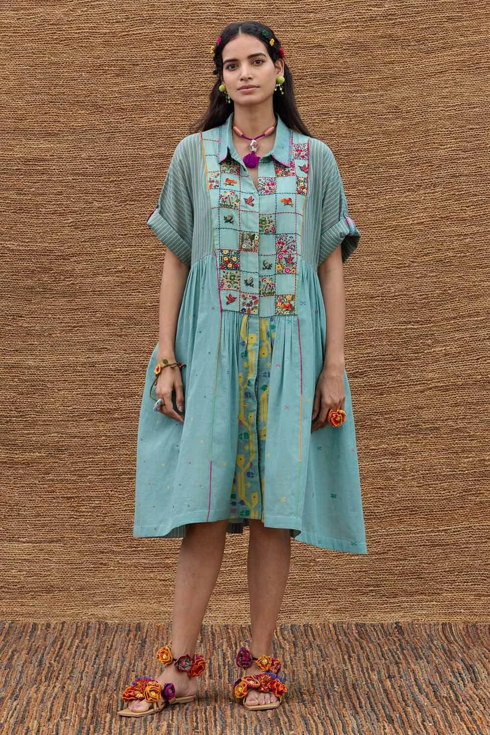 Sunira Designs Blue Long Yoke Jamdani Muslin Dress 4 Sunira Designs Blue Long Yoke Jamdani Muslin Dress - Image 2