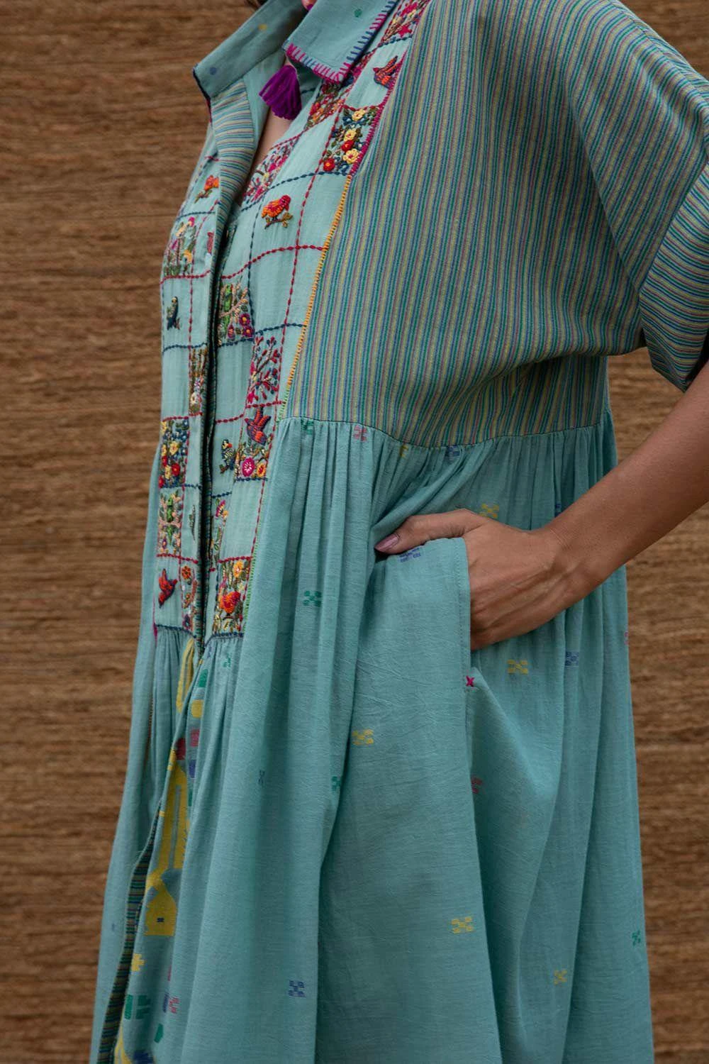 Sunira Designs Blue Long Yoke Jamdani Muslin Dress 5 Sunira Designs Blue Long Yoke Jamdani Muslin Dress - Image 3