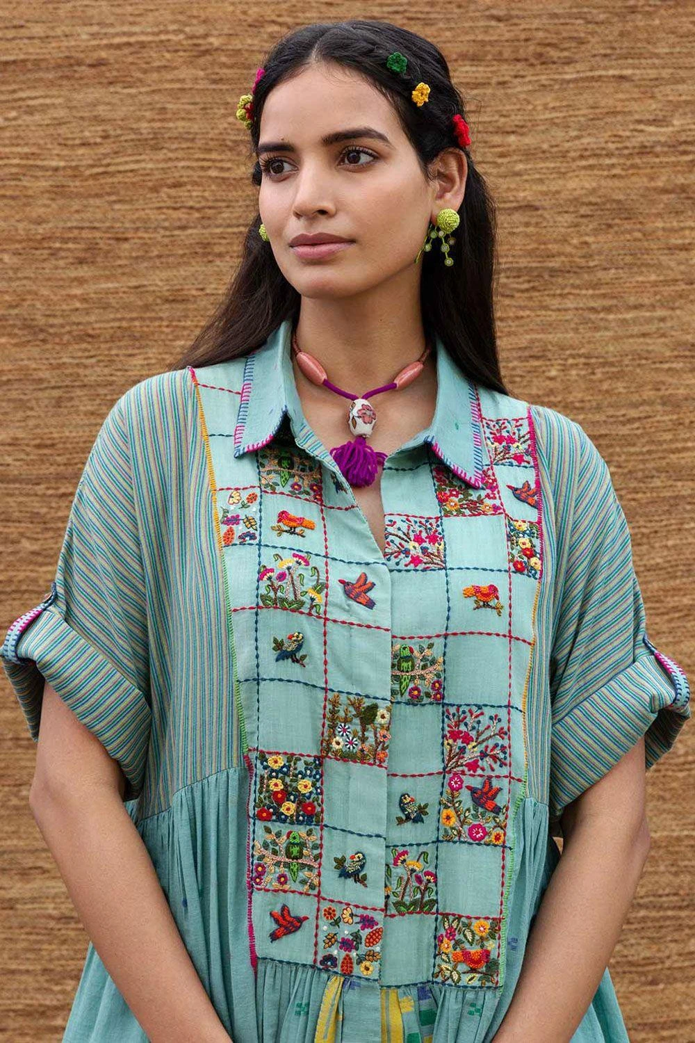 Sunira Designs Blue Long Yoke Jamdani Muslin Dress 7 Sunira Designs Blue Long Yoke Jamdani Muslin Dress - Image 5