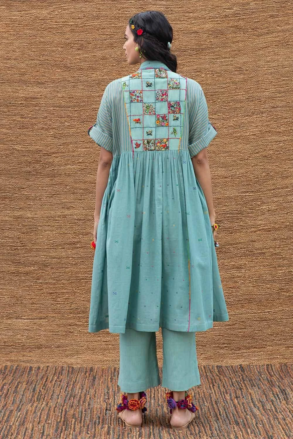 Sunira Designs Blue Long Yoke Jamdani Muslin Dress 8 Sunira Designs Blue Long Yoke Jamdani Muslin Dress - Image 6