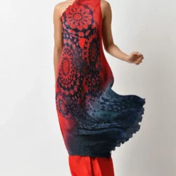 Kiran Uttam Ghosh Red Batik Print Pleated One Shoulder Dress
