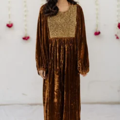Mimamsaa Mustard Hand Embroidered Velvet Kaftan Dress