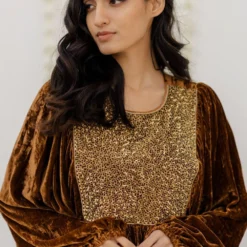 Mimamsaa Mustard Hand Embroidered Velvet Kaftan Dress -Textalux Sales mimrj001 3