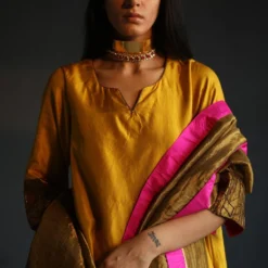 Shorshe Yellow Silk Kurta Set With Embroidery Details -Textalux Sales mxyelslk set 3