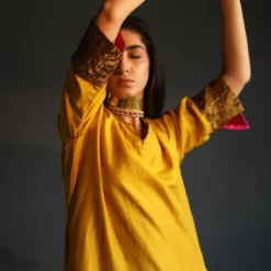 Shorshe Yellow Silk Kurta Set With Embroidery Details -Textalux Sales mxyelslk set 5