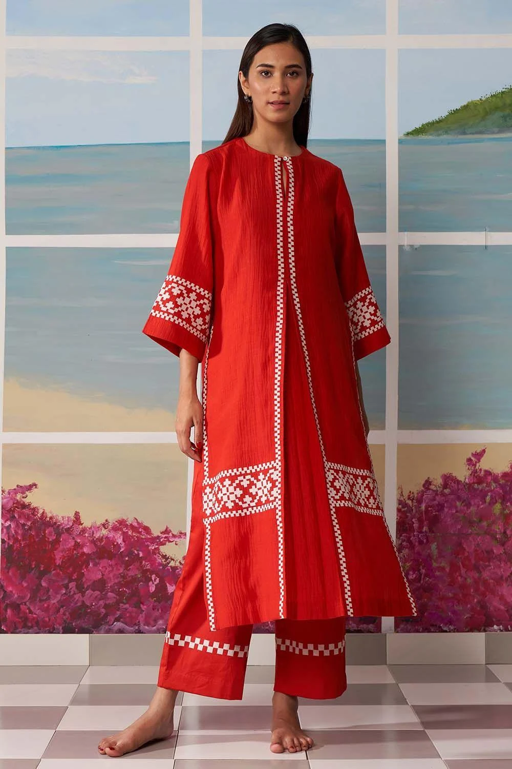 Ikai Red Pleated Kurta With Applique Details 3 Ikai Red Pleated Kurta With Applique Details