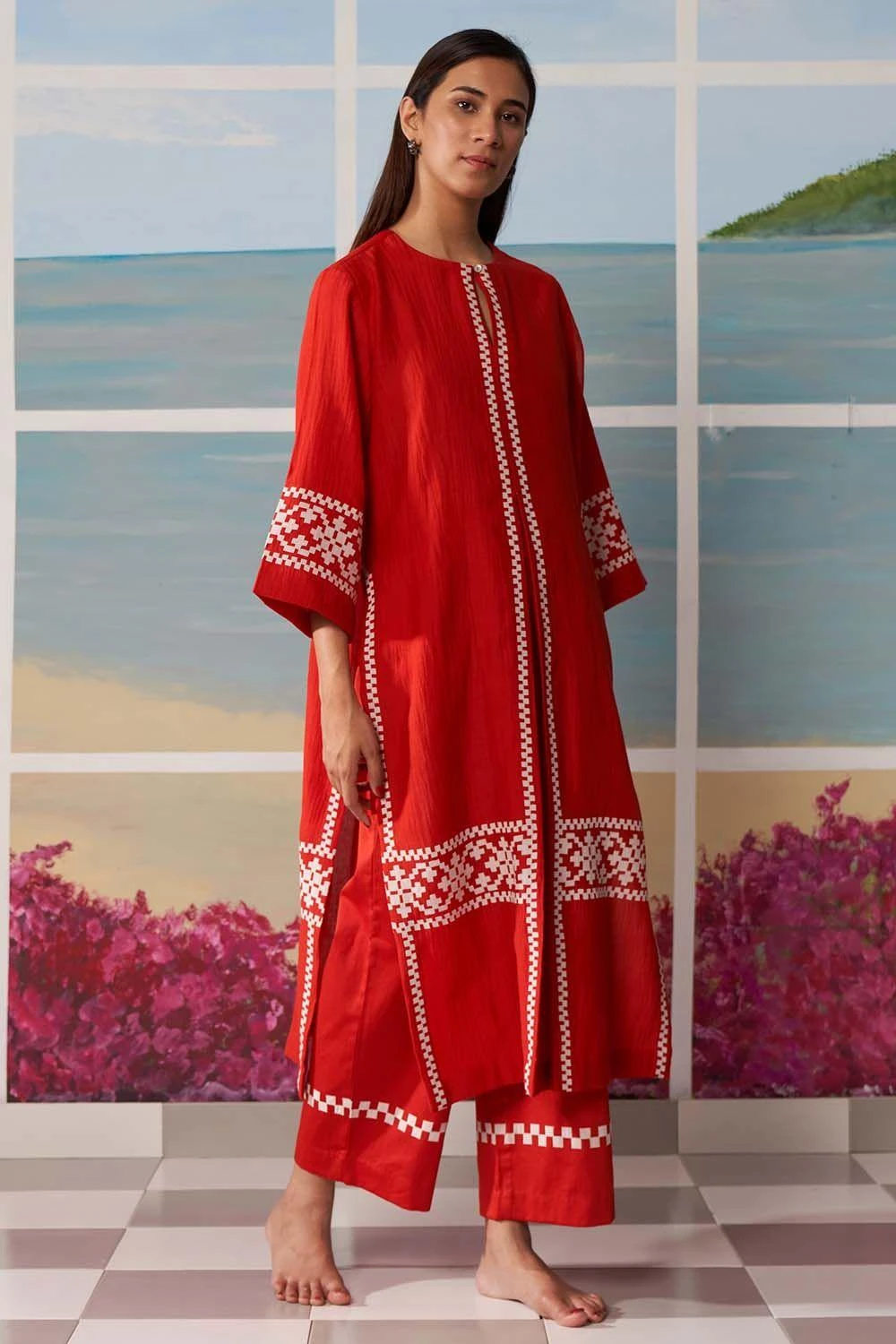 Ikai Red Pleated Kurta With Applique Details 4 Ikai Red Pleated Kurta With Applique Details - Image 2