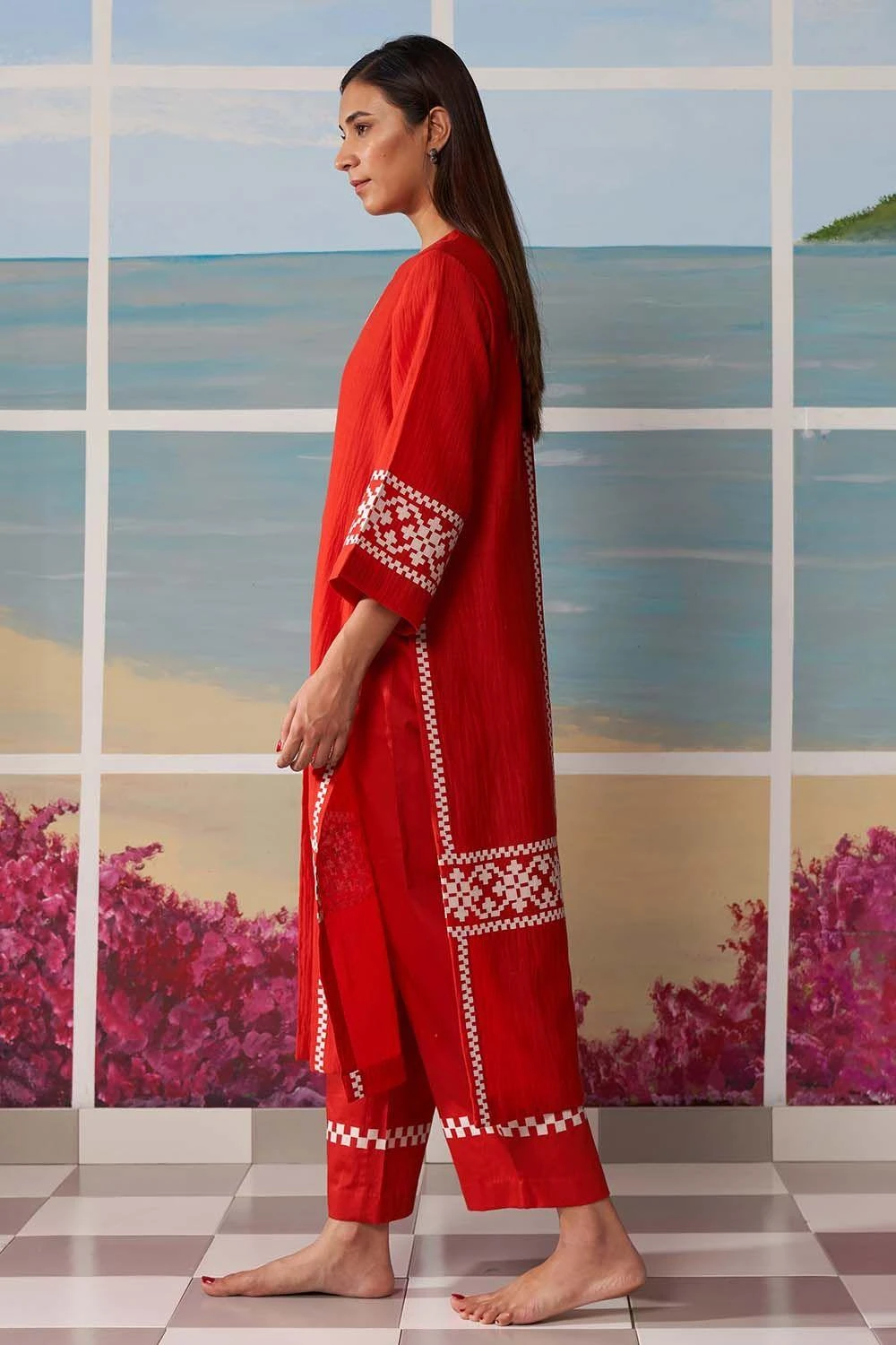 Ikai Red Pleated Kurta With Applique Details 5 Ikai Red Pleated Kurta With Applique Details - Image 3