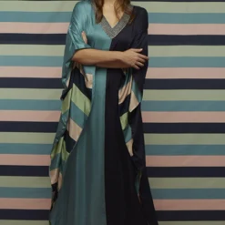 SVA Teal & Navy Blue Kaftan With A Textured Neckline -Textalux Sales svapr36 2