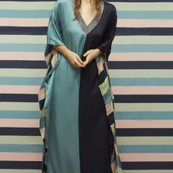 SVA Teal & Navy Blue Kaftan With A Textured Neckline -Textalux Sales svapr36 3