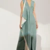 Twinkle Hanspal Sea Green Silk Dress With Contrast Drape -Textalux Sales tgn14 1