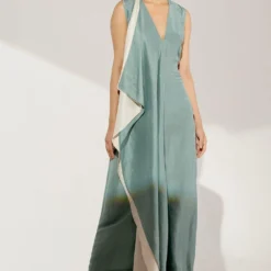 Twinkle Hanspal Sea Green Silk Dress With Contrast Drape