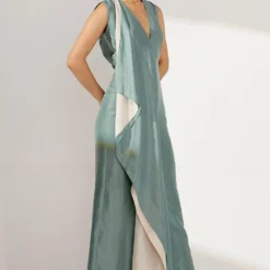 Twinkle Hanspal Sea Green Silk Dress With Contrast Drape -Textalux Sales tgn14 3