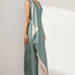 Twinkle Hanspal Sea Green Silk Dress With Contrast Drape -Textalux Sales tgn14 4