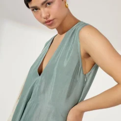 Twinkle Hanspal Sea Green Silk Dress With Contrast Drape -Textalux Sales tgn14 5