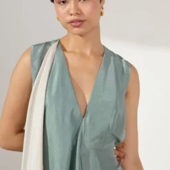 Twinkle Hanspal Sea Green Silk Dress With Contrast Drape -Textalux Sales tgn14 6