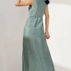 Twinkle Hanspal Sea Green Silk Dress With Contrast Drape -Textalux Sales tgn14 7